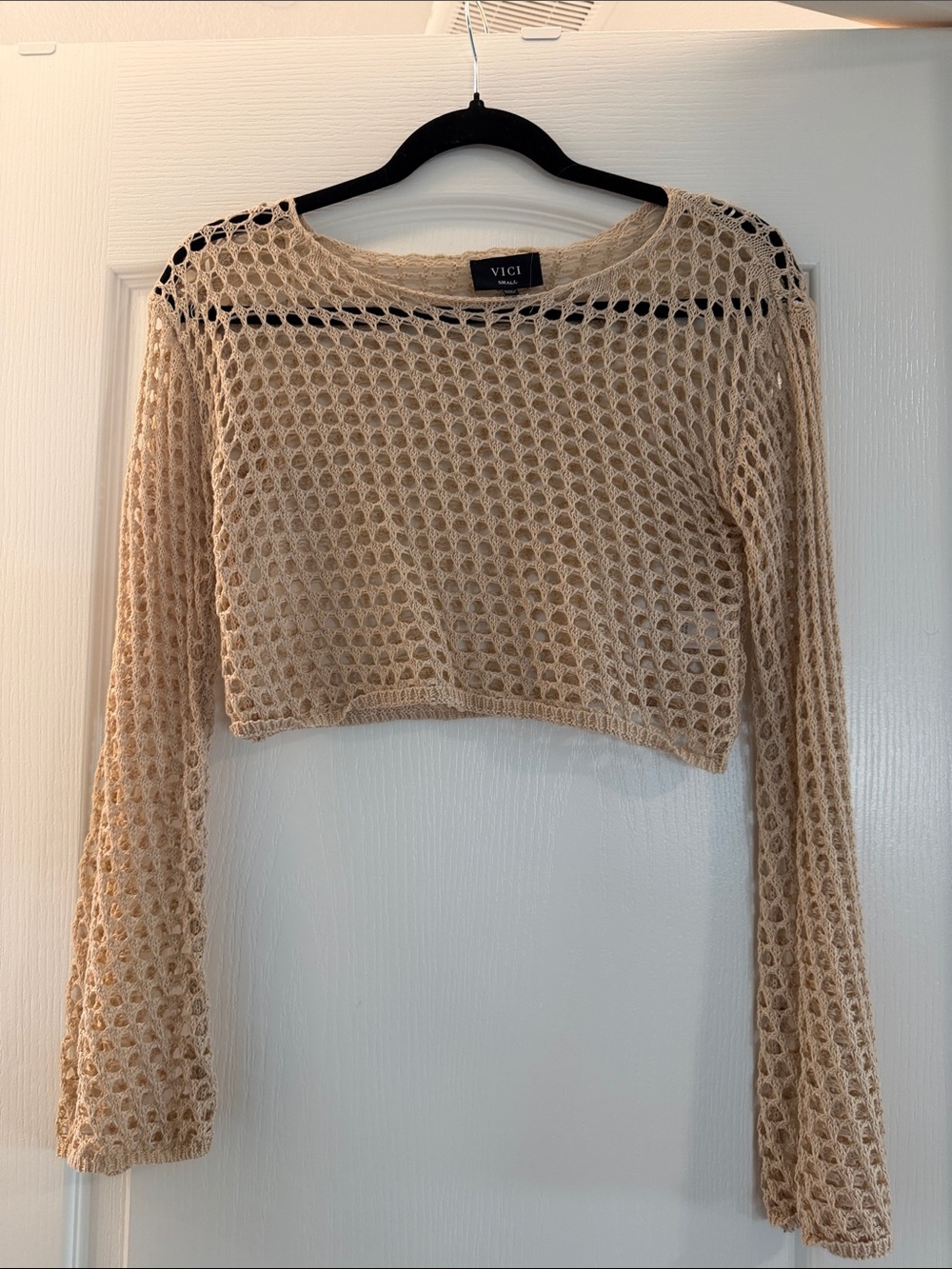 VICI Beige Open-Knit Cropped Long Sleeve Top